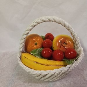 VINTAGE White Woven Basket W/Fruits Solid Porcelian Ceramic Handmade Collectibl